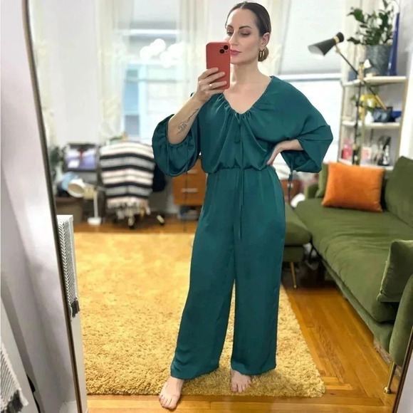 Pants - NWOT Dark Green / Turquoise Satin Effect Zara Jumpsuit
